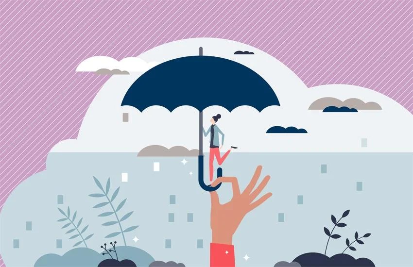 Image assurance IARD, il s'agit d'une illustration avec une main tenant un parapluie pour se protéger. Le parapluie représentant l'assurance qui protège contre les risques.