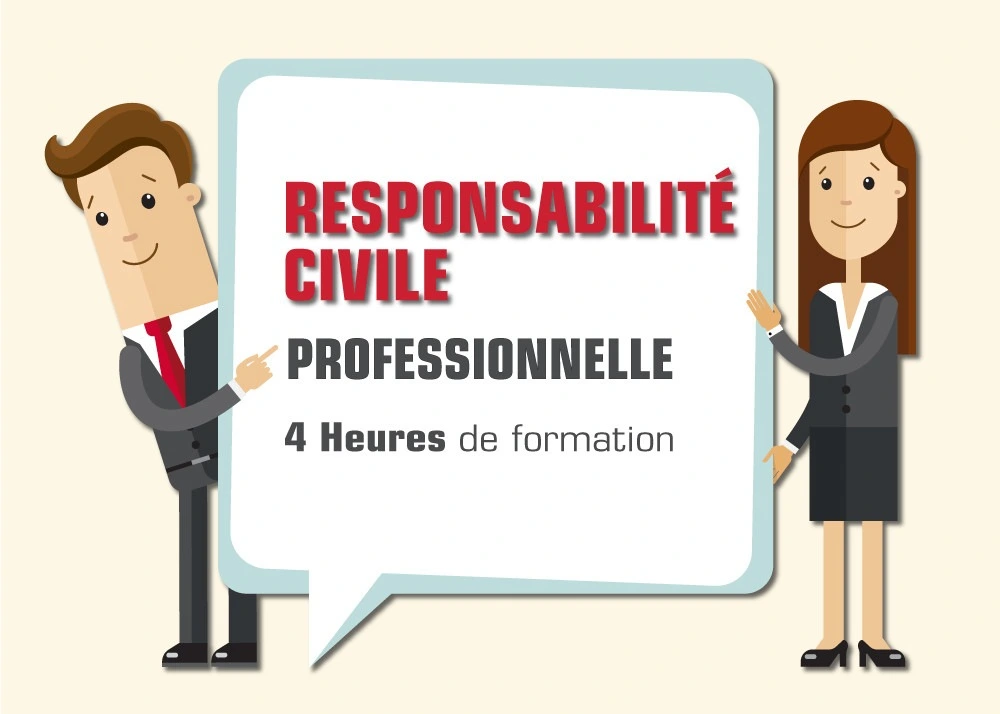 Image illustrant la RC professionnelle. Deux personnes, un homme et une femme tienne un panneau sur lequel est inscrit "responsabilité civile professionnelle 4 heures de formations).