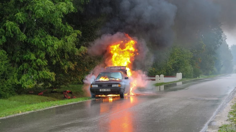 Un accident de voiture. Il s'agit d'une audi qui brûle sur le bord de la route pour mettre en lumière un sujet portant sur l'assurance voiture. Le sujet porte sur le classement des 10 villes les plus risquées pour assurer sa voiture.