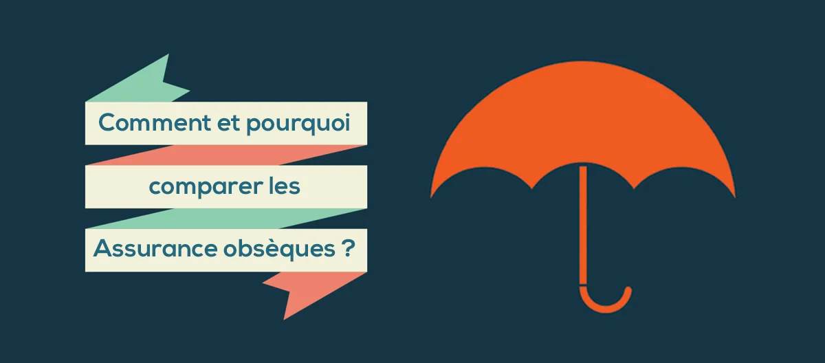 Une image sur laquelle il y a inscrit "Comment et pourquoi comparer les Assurances obsèques ?" avec un parapluie sur la droite, emblème des assurances.