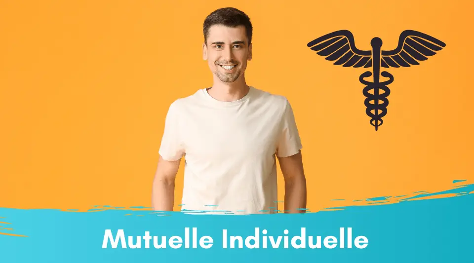 Un homme debout et droit regrindant face à lui et souriant. Un fond jaune avec le logo de la santé illustrant les explication sur les mutuelles individuelles.