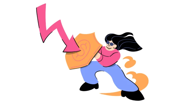 Une femme diminue les risques de son assurance et en avertie son assureur pour faire baisser le prix de son assurance. La baisse du prix de l'assurance est illustrée par le bouclier qu'elle tiens dans les bras.